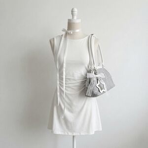 H&M Gathered White Dress with Flared Skirt